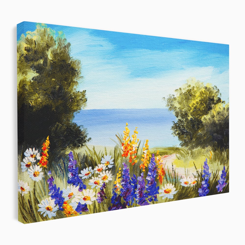 Tablou canvas cu tablou canvas cu peisaj marin si flori de camp, fara rama, pe sasiu de lemn